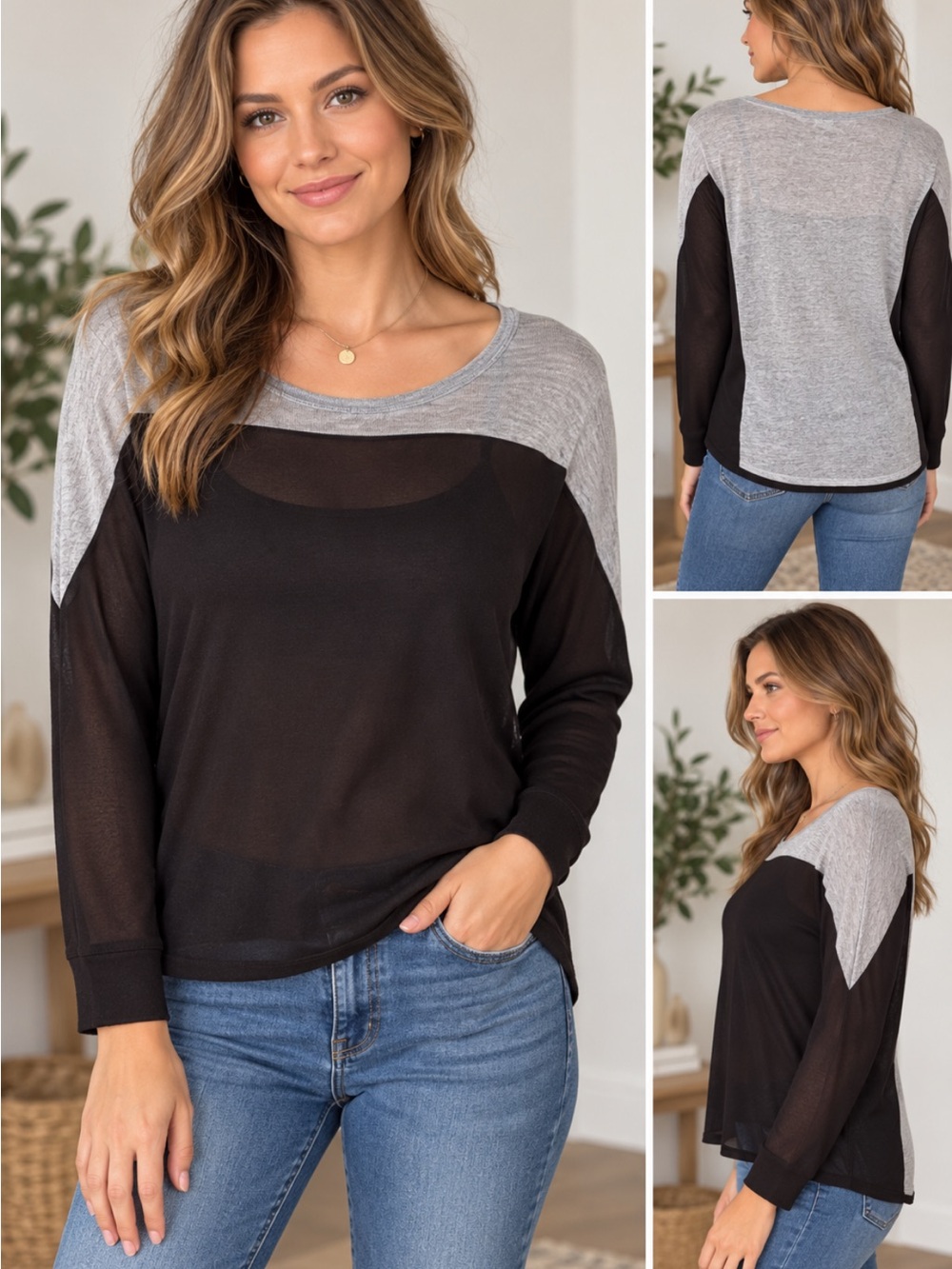Kardashian Kollection Black and Gray Sheer Top